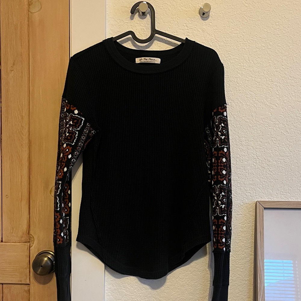 Free People Black Top with Patterned Sleeves